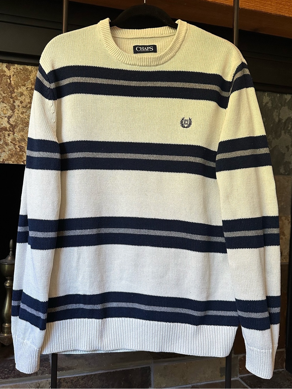 Chaps Men's Large Cream and Navy Striped Crewneck Sweater Vintage Y2K
